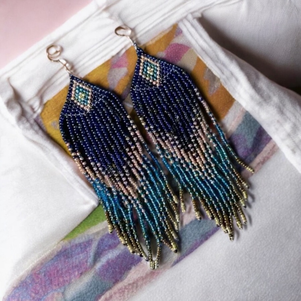 Multicoloured Gradient Beaded Tassel Earrings. New.